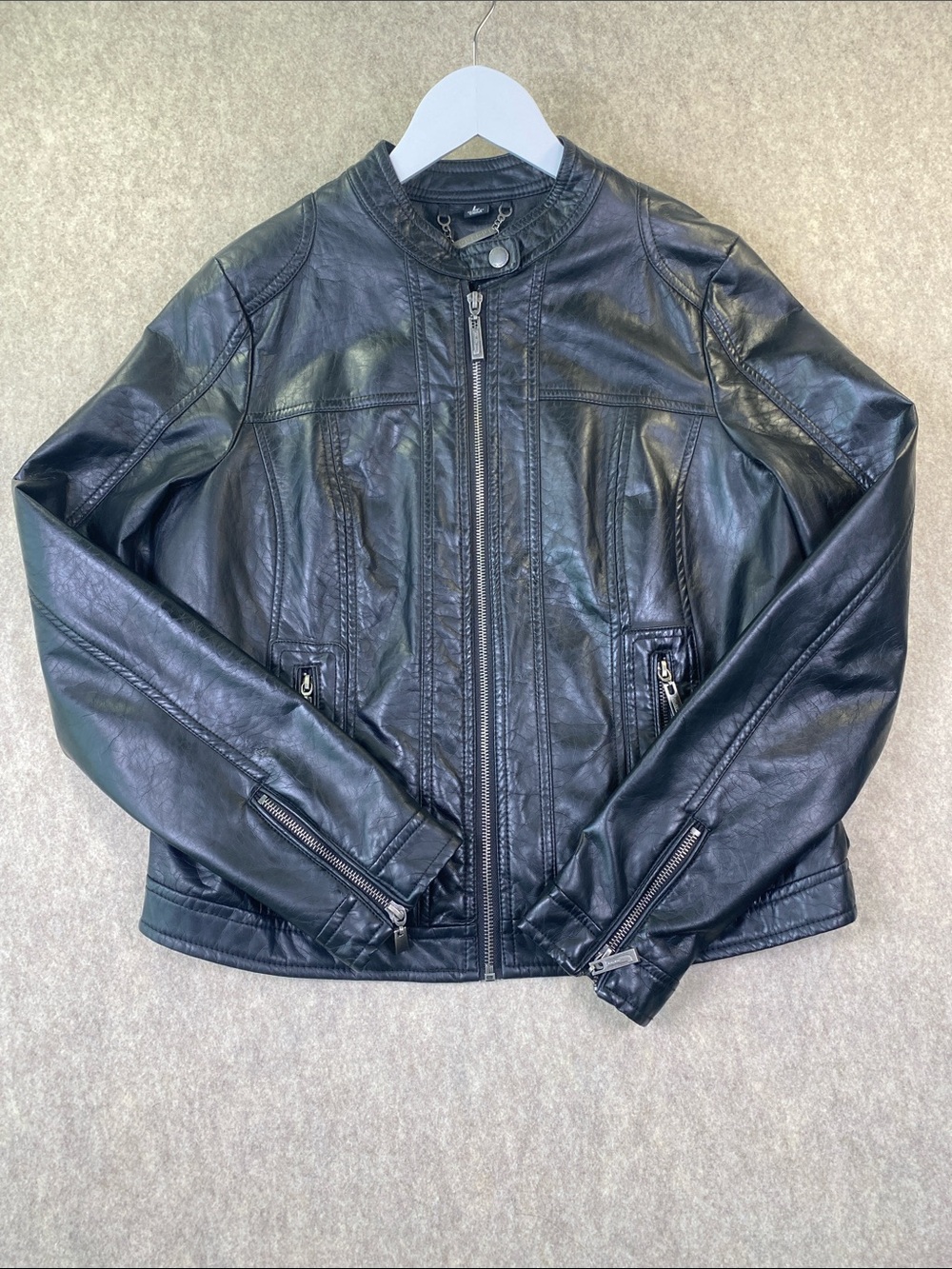 Jou Jou Black Faux Leather Biker Jacket - Classic Zip Front size large